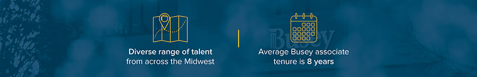 Diverse range of talent from across the Midwest. Average Busey associate tenure is 8 years.